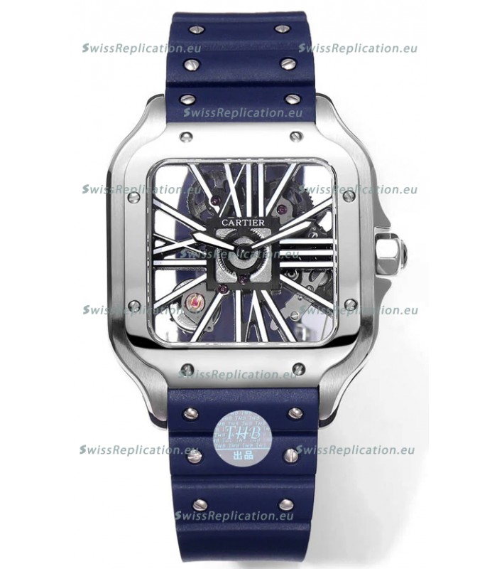 Santos De Cartier Watch in Skeleton Dial - Stainless Steel Casing Blue Rubber Strap