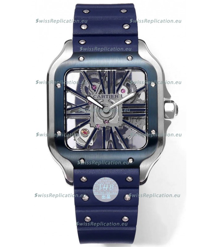 Santos De Cartier Watch in Skeleton Dial - Stainless Steel Casing Rubber Strap