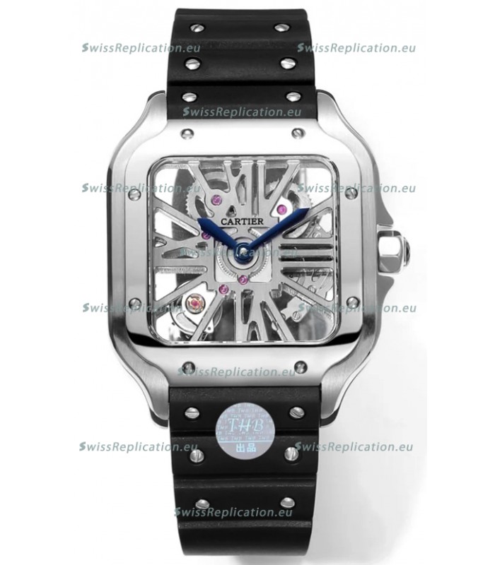 Santos De Cartier Watch in Skeleton Dial - Stainless Steel Casing & Bezel Black Rubber Strap