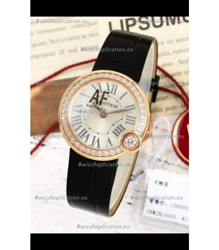 Ballon Blanc De Cartier Swiss Quartz Replica Watch Diamonds Bezel Rose Gold Casing Leather Strap 