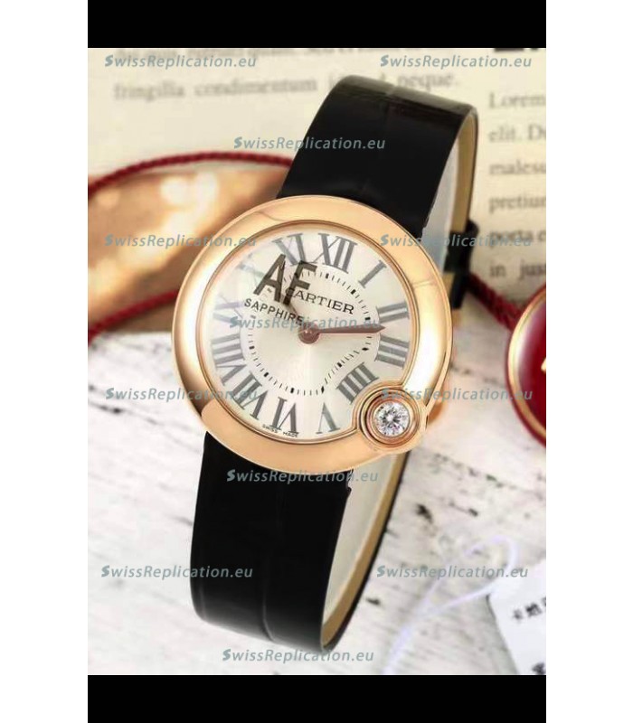 Ballon Blanc De Cartier Swiss Quartz Replica Watch in Rose Gold Casing Leather Strap 