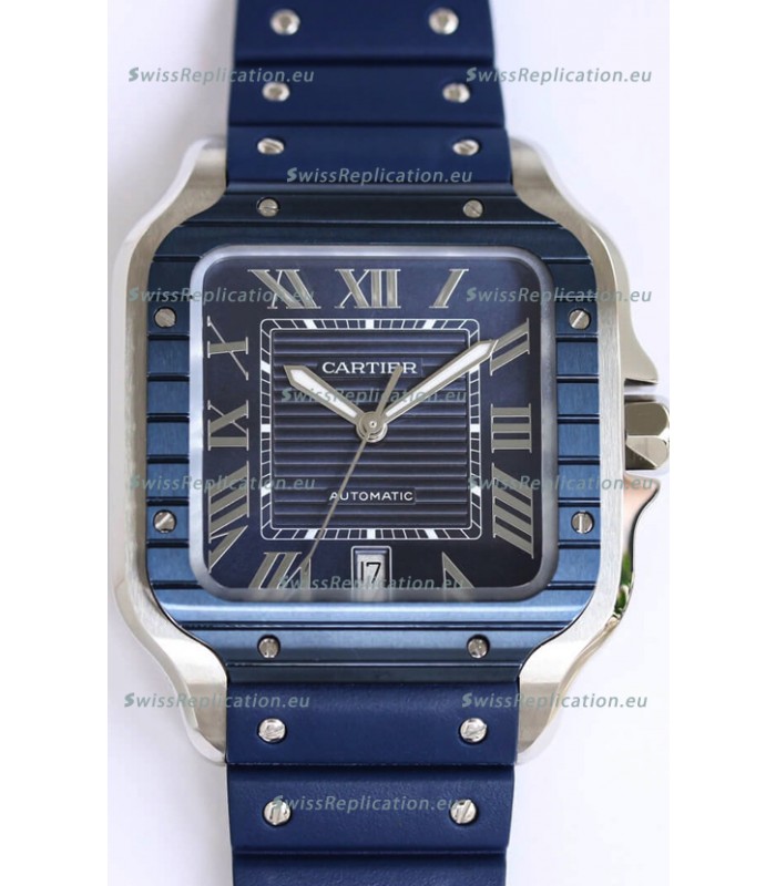 Santos De Cartier 1:1 Blue DLC Bezel Swiss Replica Watch 40MM - Rubber Strap