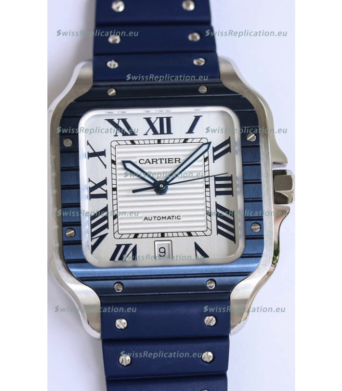 Santos De Cartier 1:1 Blue DLC Bezel Swiss Replica Watch 40MM - Rubber Strap