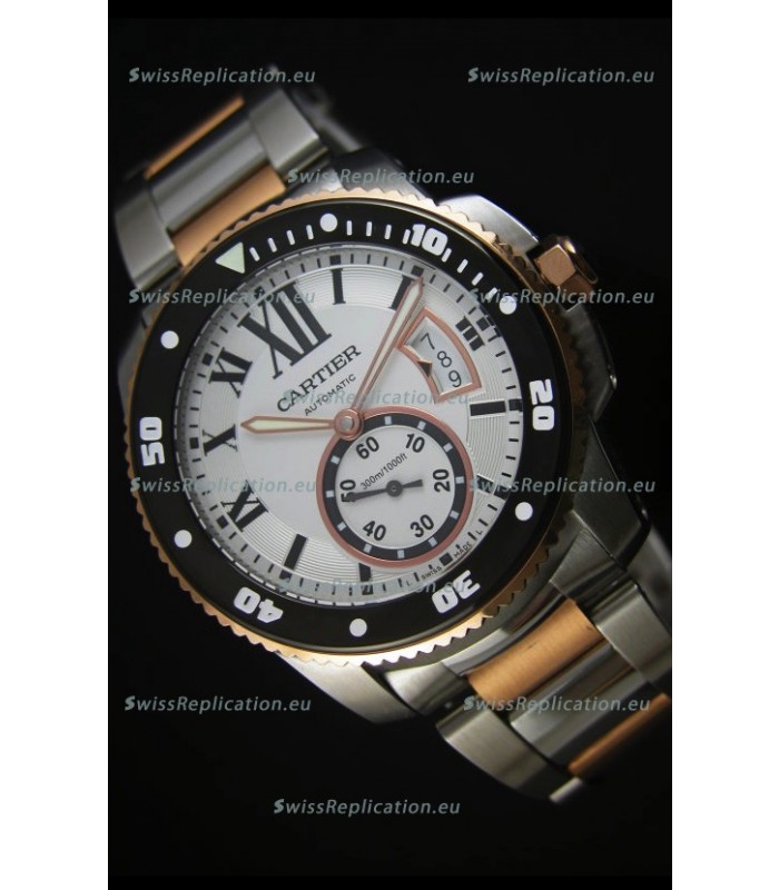 Calibre De Cartier Watch 42MM Black Dial Two Tone Case White Dial - 1:1 Mirror Replica Watch