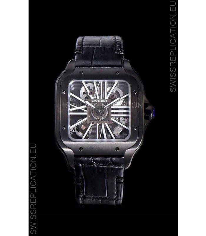 Cartier Santos DUMONT Skeleton Watch in Black DLC Coated Casing Swiss Movement Watch 