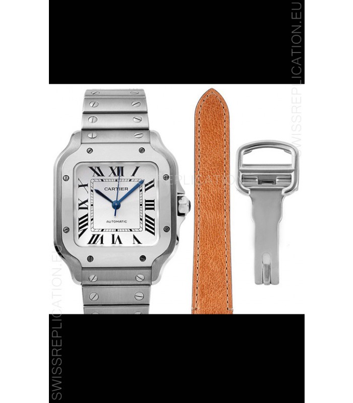 Cartier "Santos De Cartier" Mens XL 1:1 Mirror Replica Watch in Stainless Steel Casing - White Bezel