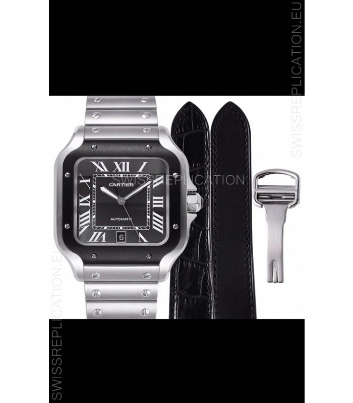 Cartier "Santos De Cartier" Mens XL 1:1 Mirror Replica Watch in Stainless Steel Casing - Black Bezel