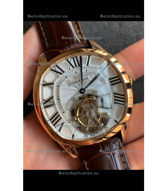 Drive De Cartier Yellow Gold Tourbillon Super clone Replica Watch in White Dial 