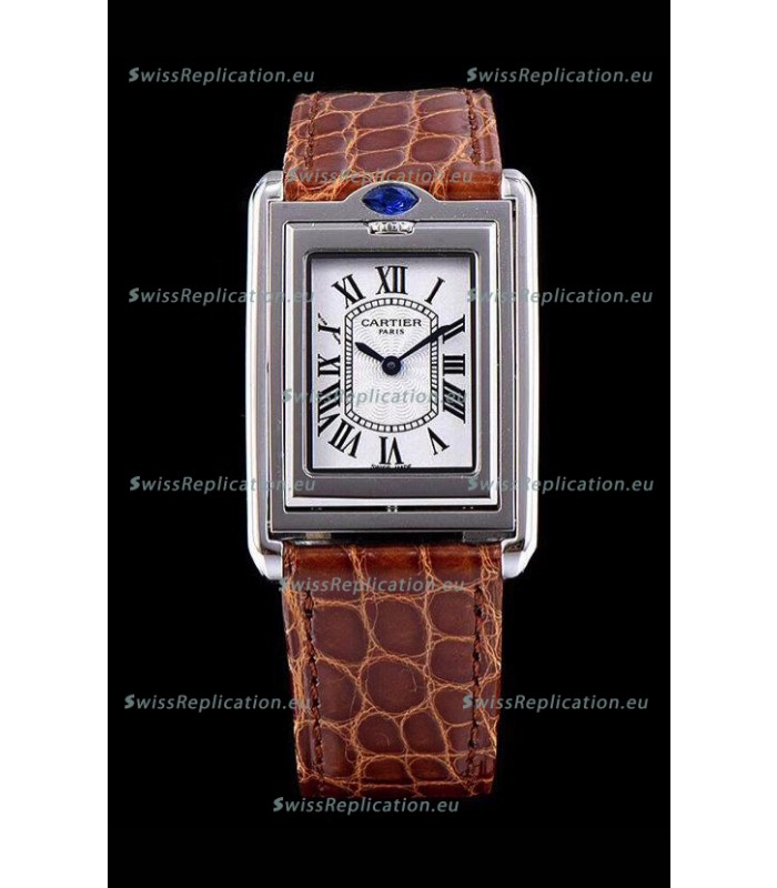 Cartier Tank Reversible Swiss Quartz Replica Watch in Steel Casing - Brown Strap