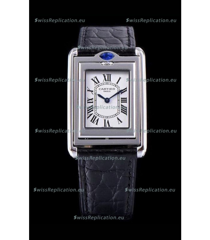 Cartier Tank Reversible Swiss Quartz Replica Watch in Steel Casing - Black Strap