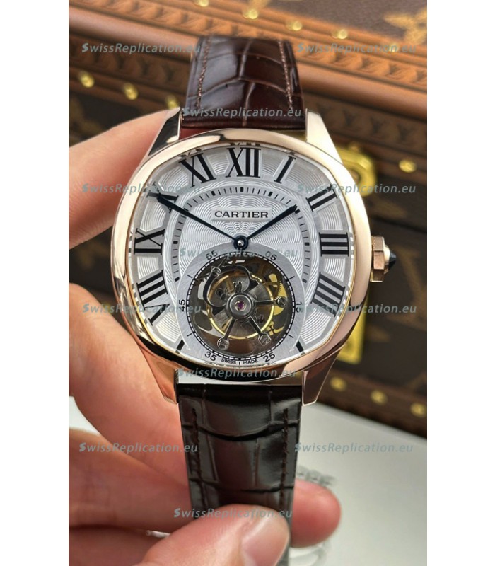 Drive De Cartier Rose Gold Tourbillon Super clone Replica Watch in White Dial 