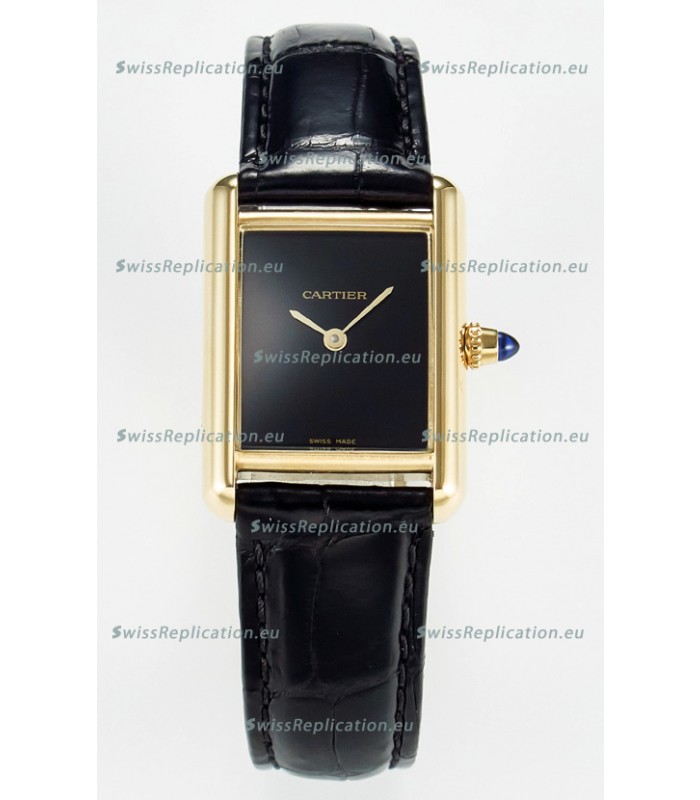 Tank Must Cartier Super Clone Edition 29MM Watch in Yellow Gold Casing Black Dial 