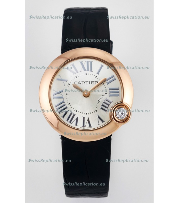 Ballon Blanc De Cartier Super Clone Watch 30MM in Rose Gold Casing Black Strap