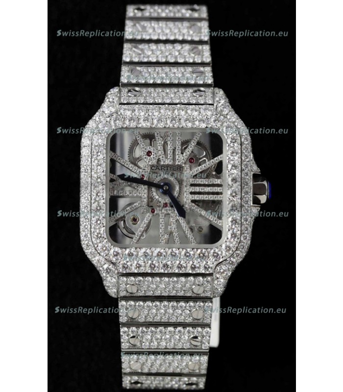 Santos De Cartier Watch in Skeleton Dial - MOSSANITES Paved Edition Swiss Replica Watch