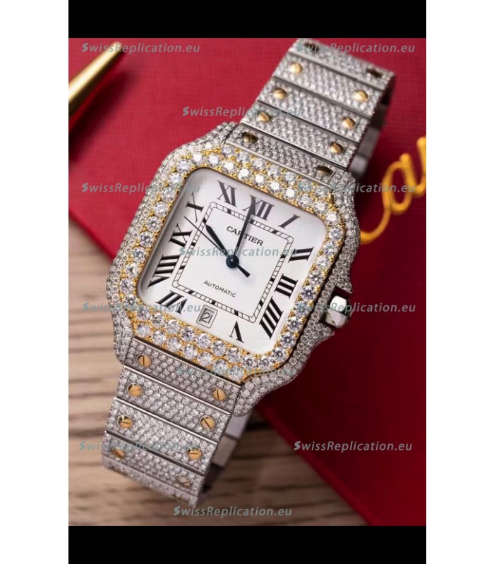 Santos De Cartier Watch in White Dial MOSSANITES Paved Edition Swiss Replica Watch