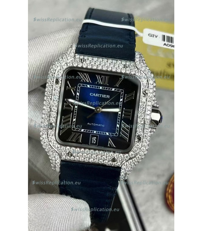 Santos De Cartier Watch in Blue Dial 39.50MM MOSSANITES Paved Bezel Swiss Replica Watch