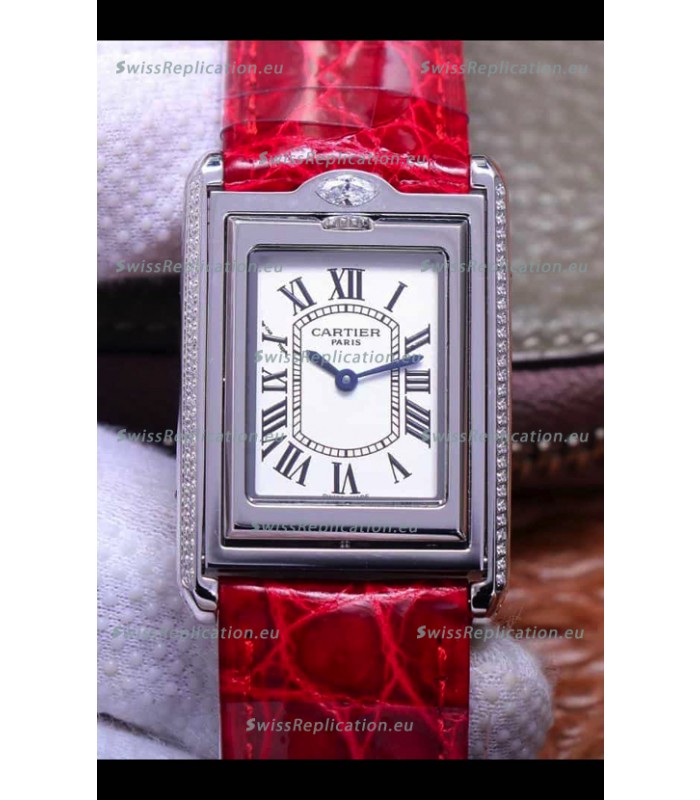 Cartier Tank Reversible Swiss Quartz Replica Watch in Steel Casing - Red Strap
