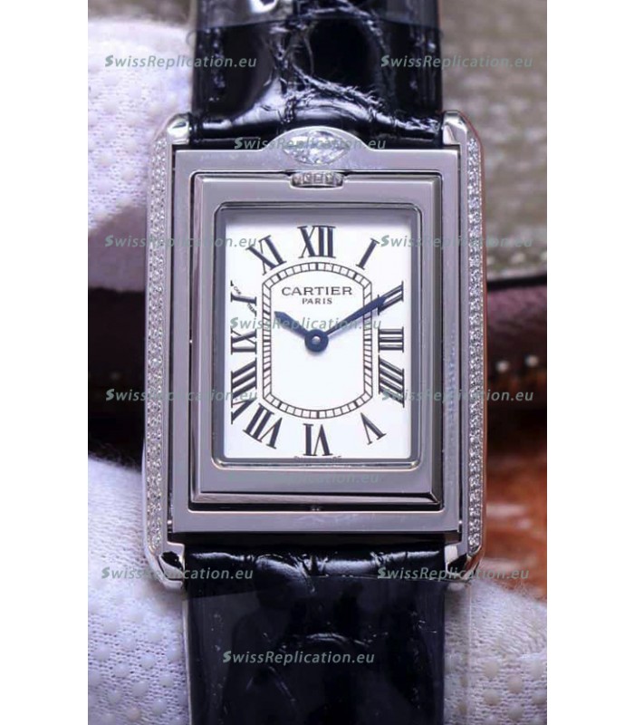 Cartier Tank Reversible Swiss Quartz Replica Watch in Steel Casing - Black Strap