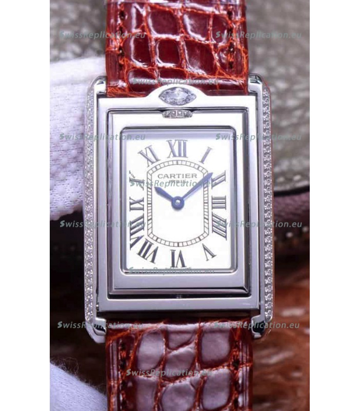 Cartier Tank Reversible Swiss Quartz Replica Watch in Steel Casing - Brown Strap