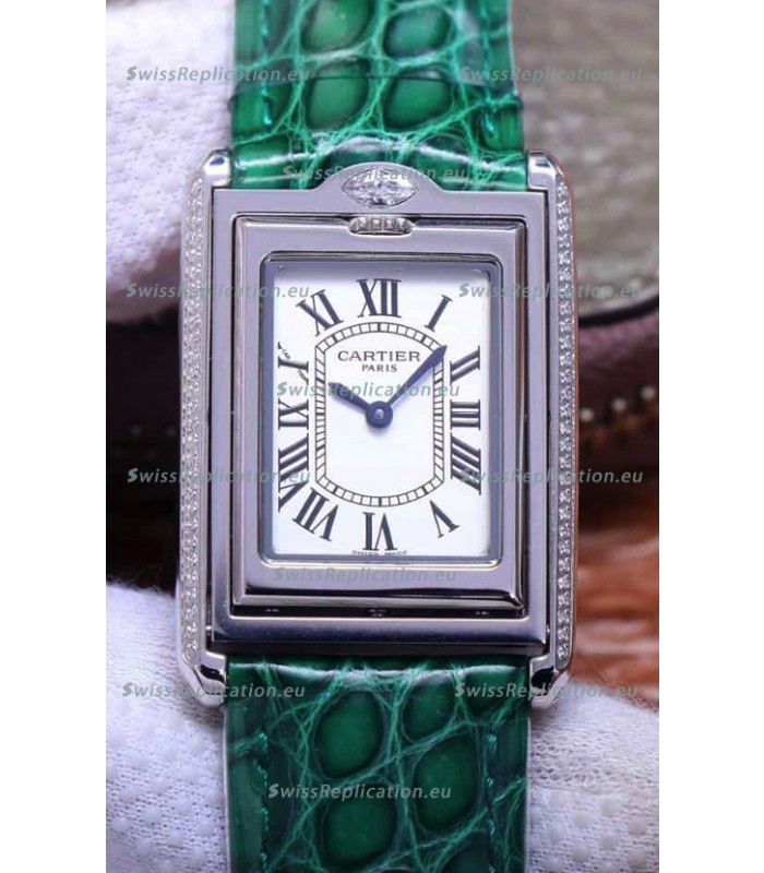 Cartier Tank Reversible Swiss Quartz Replica Watch in Steel Casing - Green Strap