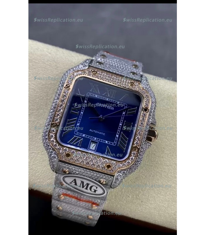 Cartier "Santos De Cartier" Two Tone Blue Dial 1:1 Mirror Replica - 40MM - Genuine Diamonds
