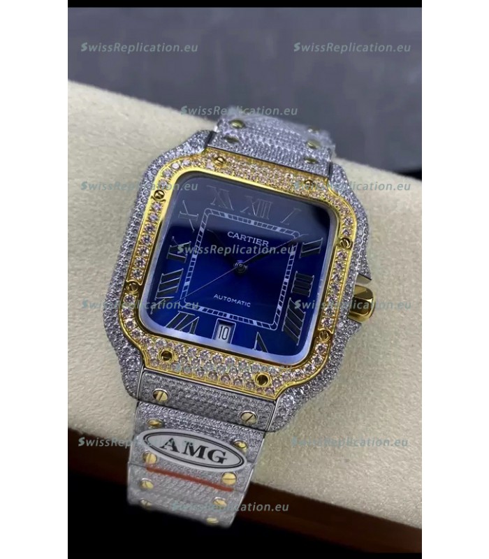 Cartier "Santos De Cartier" Two Tone Blue Dial 1:1 Mirror Replica - 40MM - Genuine Diamonds