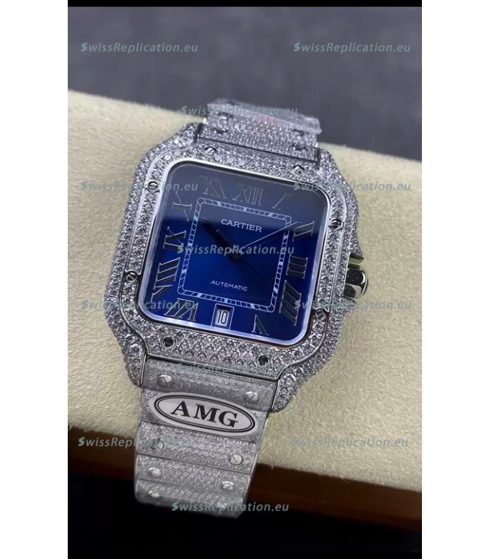 Cartier "Santos De Cartier" 904L Steel Blue Dial 1:1 Mirror Replica - 40MM - Genuine Diamonds
