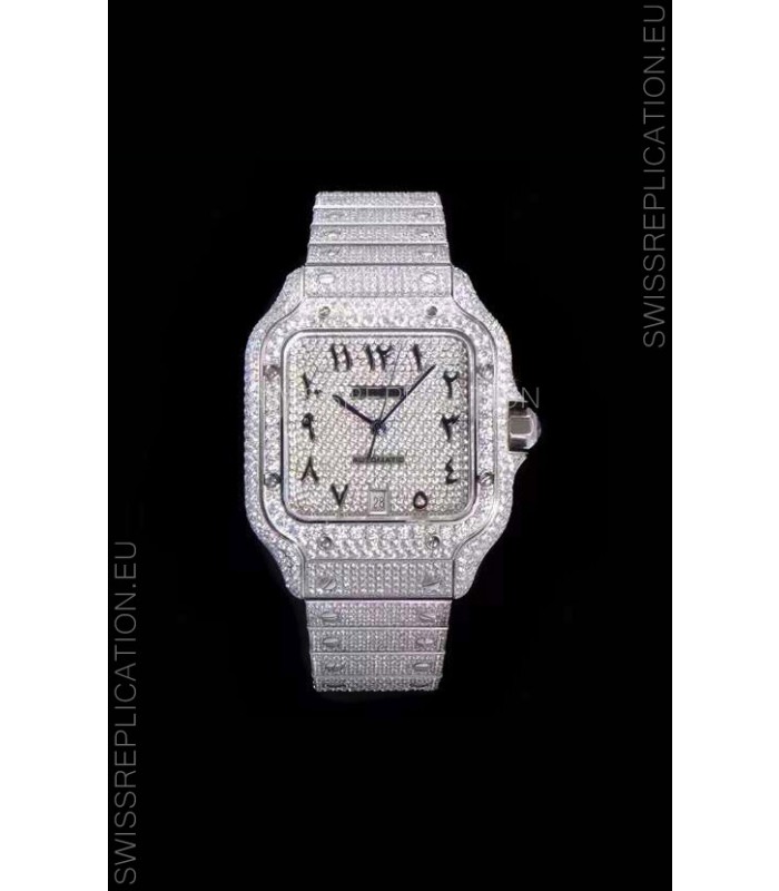 Santos De Cartier Swiss Replica Watch with Diamonds Embedded Dial in Steel Casing 40MM