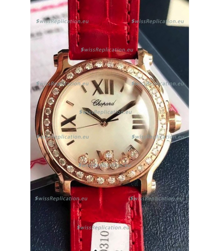 Chopard Happy Rose Gold Swiss Quartz Watch 1:1 Mirror Replica - Genuine Diamonds 