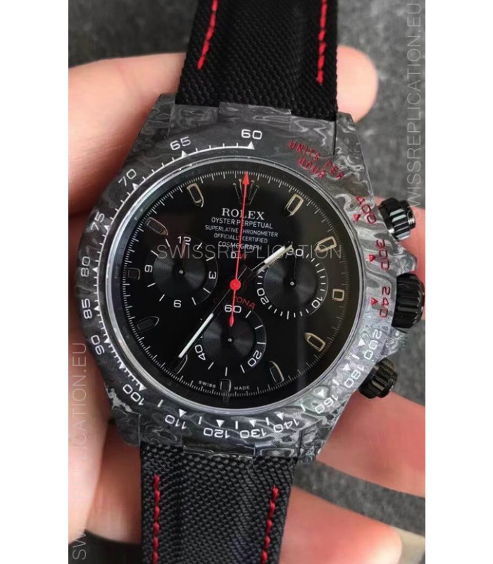 Rolex Daytona DiW Forged Cabon Casing 1:1 Mirror Replica with Nylon Strap - Full Black Dial 