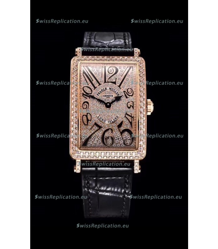 Franck Muller Long Island Color Dreams Pink Gold Swiss Watch in Black Strap