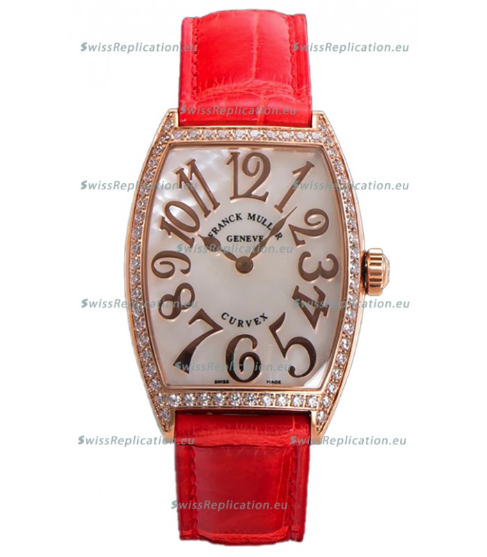 Franck Muller Cintree Curvex Mother of Pearl Dial Watch in Rose Gold Plating - Red Strap 