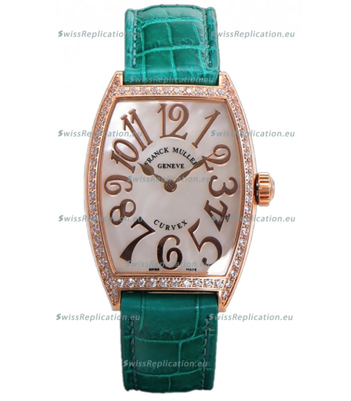 Franck Muller Cintree Curvex Mother of Pearl Dial Watch in Rose Gold Plating - Green Strap 