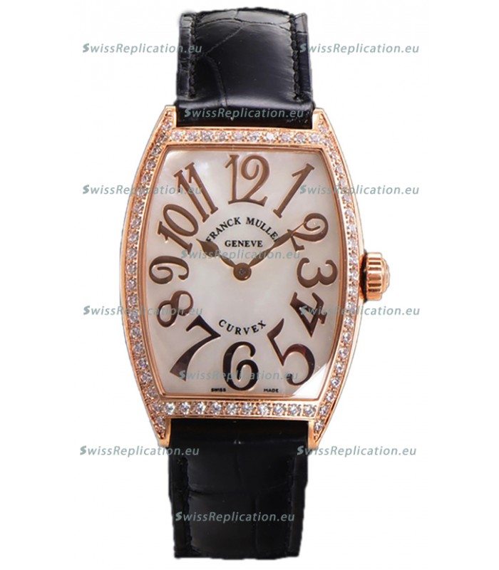 Franck Muller Cintree Curvex Mother of Pearl Dial Watch in Rose Gold Plating - Black Strap 