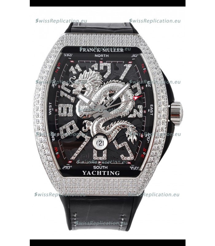 Franck Muller Vanguard Yachting Dragon V45 Black Dial in Diamonds Bezel Swiss Replica