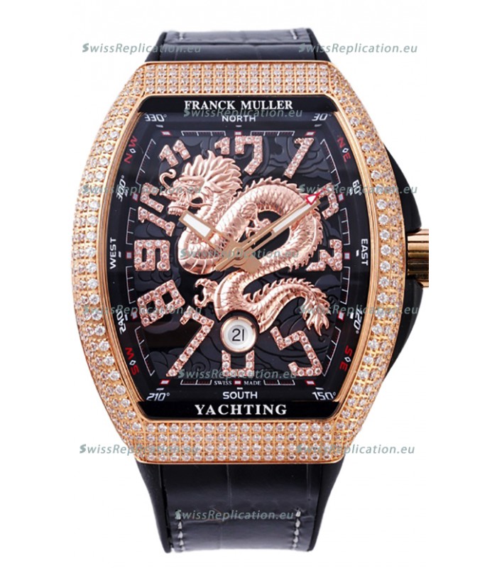 Franck Muller Vanguard Yachting Dragon V45 Black Dial in Gold Diamonds Bezel Swiss Replica