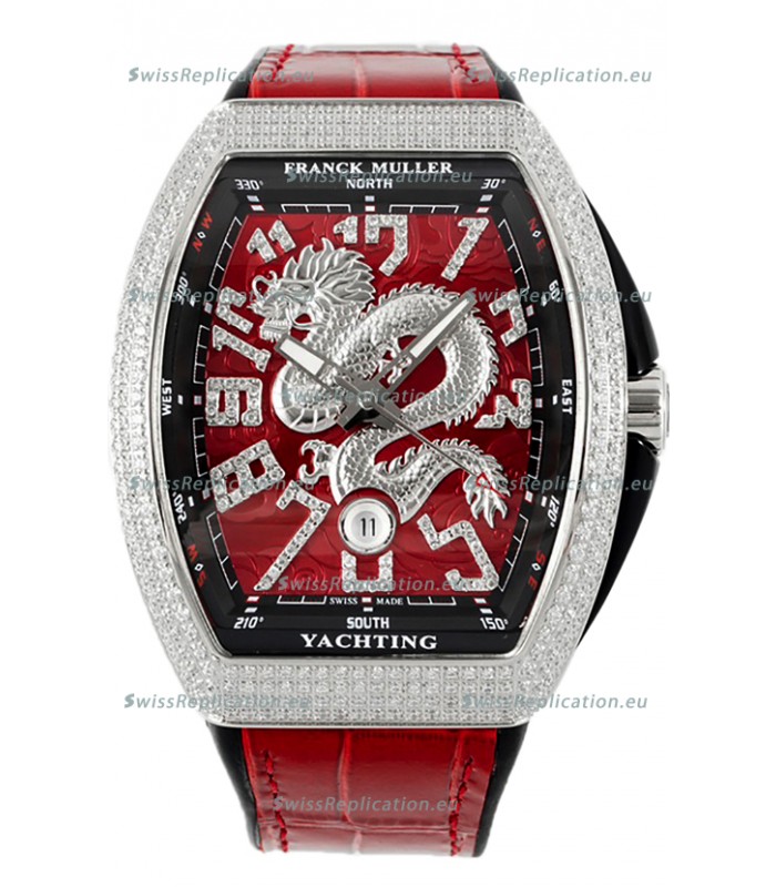 Franck Muller Vanguard Yachting Dragon V45 Red Dial in Gold Diamonds Bezel Swiss Replica