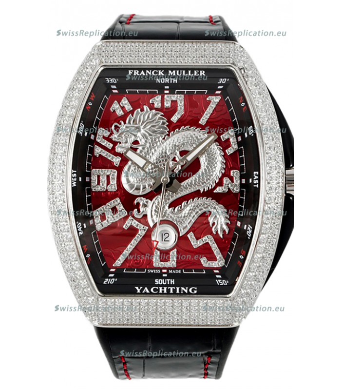 Franck Muller Vanguard Yachting Dragon V45 Red Dial in Rounded Diamonds Bezel Swiss Replica