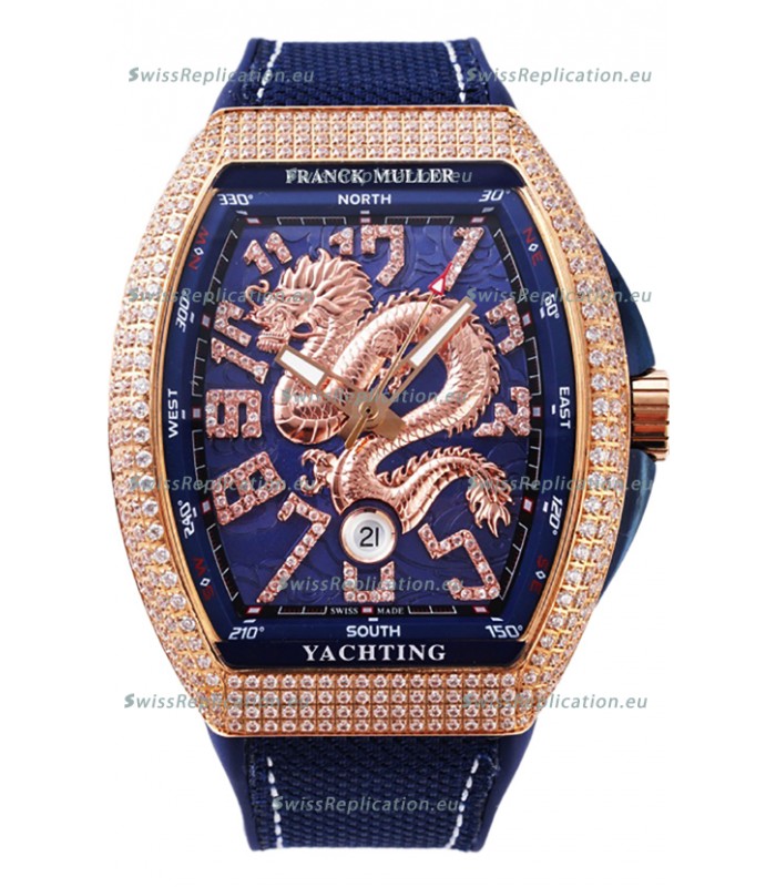 Franck Muller Vanguard Yachting Dragon V45 Blue Dial in Gold Diamonds Bezel Swiss Replica