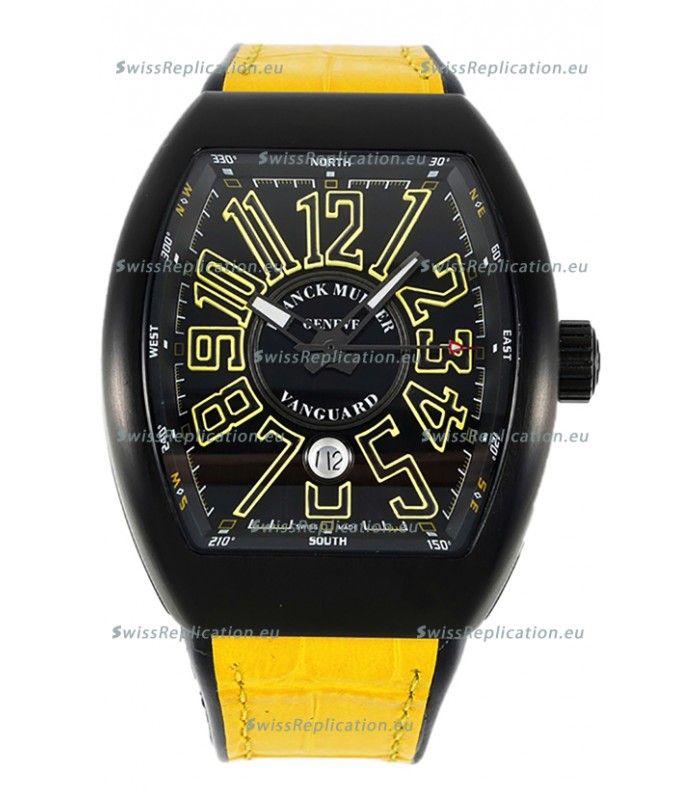 Franck Muller Vanguard in DLC Coated Casing Black Dial Swiss Replica Yellow Strap 