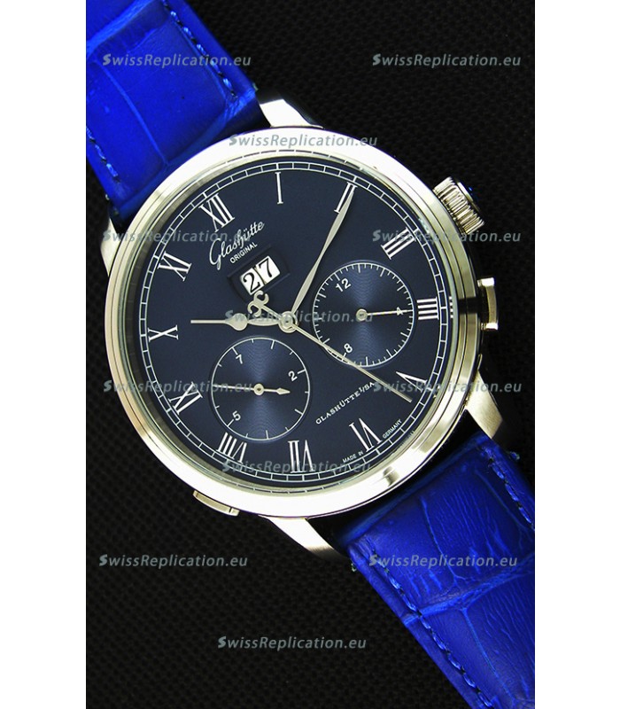 Glashuette Dual Sub Dial Japanese Replica Watch in Blue Dial