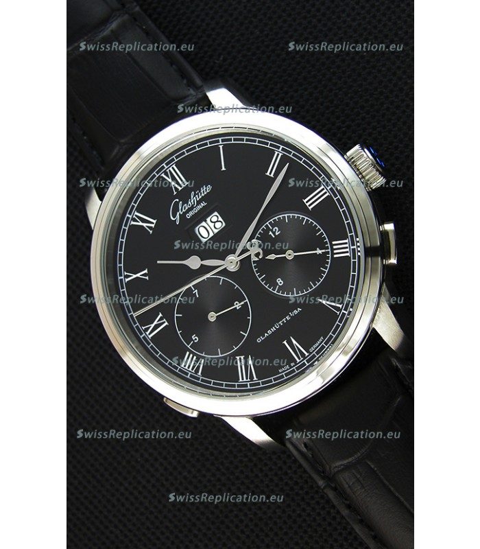 Glashuette Dual Sub Dial Japanese Replica Watch in Black Dial