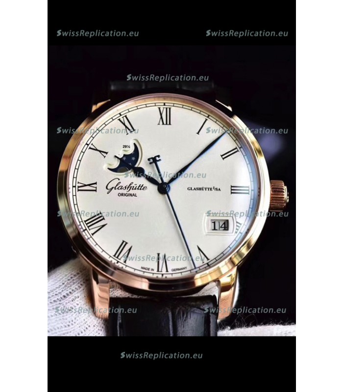 Glashuette Senator Excellence Panorama Date Moon Phase Pink Gold Swiss Watch