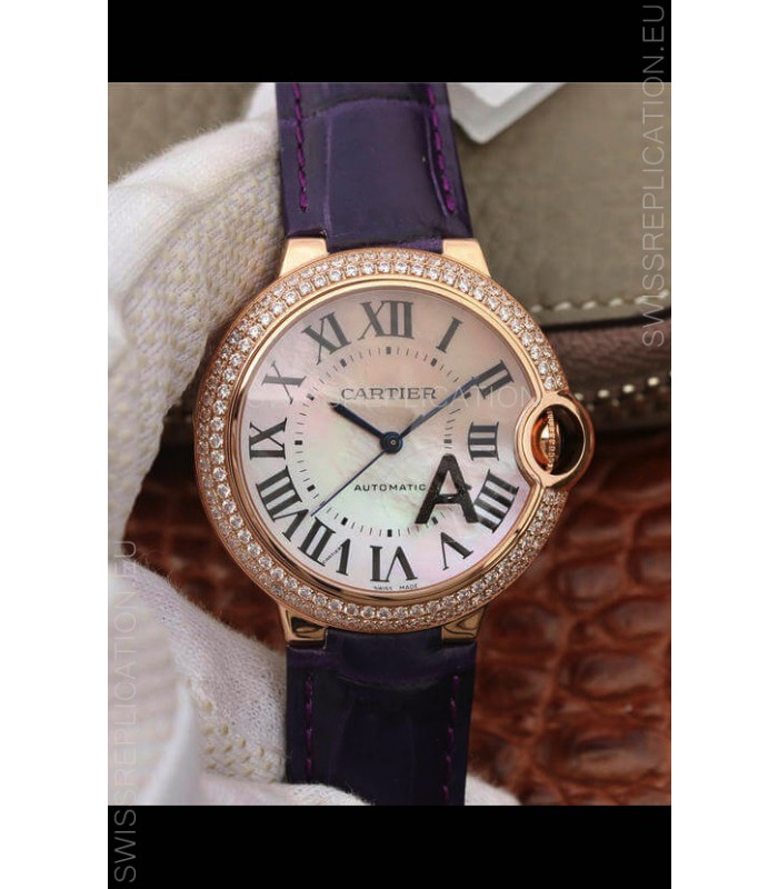 Ballon De Cartier Swiss Automatic 1:1 Mirror Quality 36MM in Purple Strap Rose Gold Casing