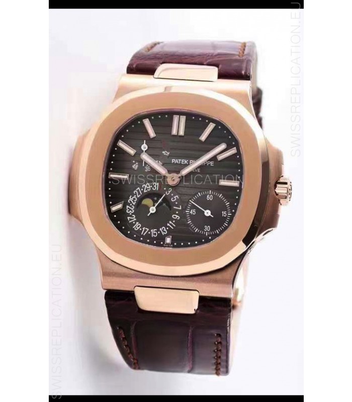 Patek Philippe Nautilus 5712/R 1:1 Quality Swiss Replica Watch in Brown Dial Leather Strap
