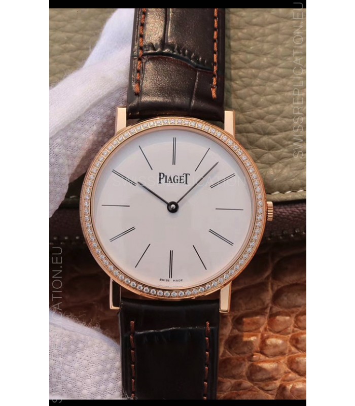 Piaget Altiplano G0A31114 1:1 Mirror Swiss Replica Watch in Rose Gold White Dial Diamonds Bezel