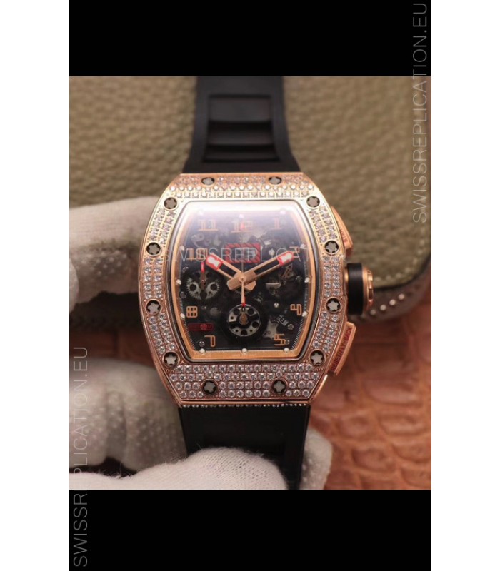 Richard Mille RM011 Felipe Massa 1:1 Mirror Quality One Piece Black Ceramic Rose Gold Diamonds Watch 