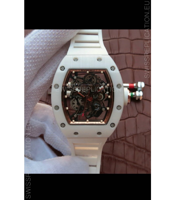 Richard Mille RM055 Ceramic Casing 1:1 Mirror Replica Watch in Rose Gold Dial in White Strap