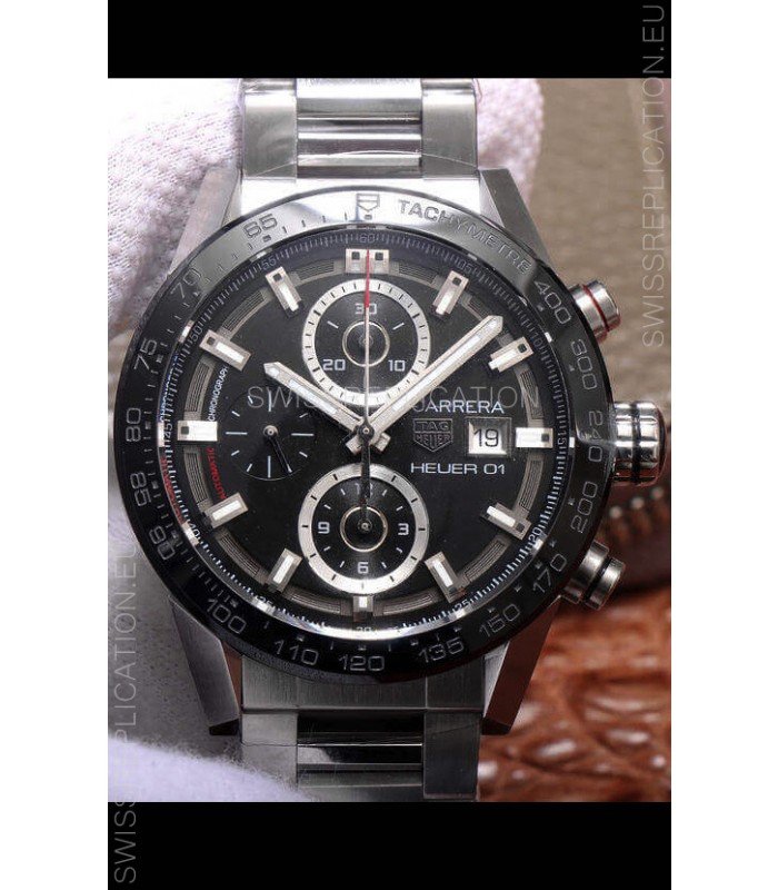 Tag Heuer Carrera Heuer 01 Swiss Replica Watch in Steel Casing Ceramic Bezel 43MM