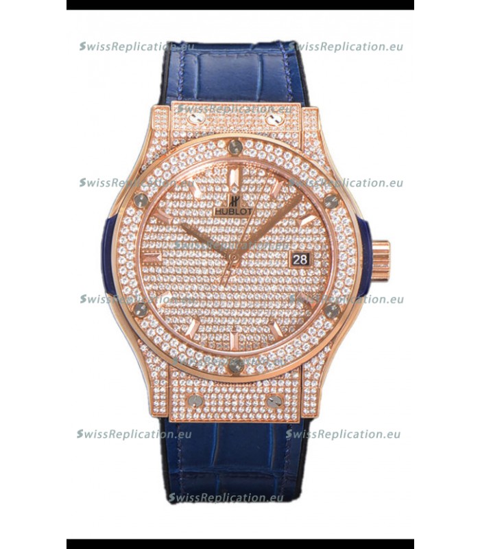 Hublot Classic Fusion Automatic Rose Gold Diamonds Paved Dial Blue Strap 42MM Superclone Replica Watch 